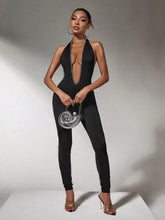 One Piece Clothing Deep V Neck Rhinestones Women Black Bodysuit
